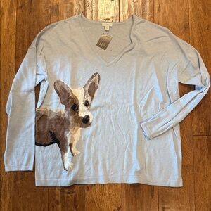 J. Jill Light Blue Sweater with Dog Motif